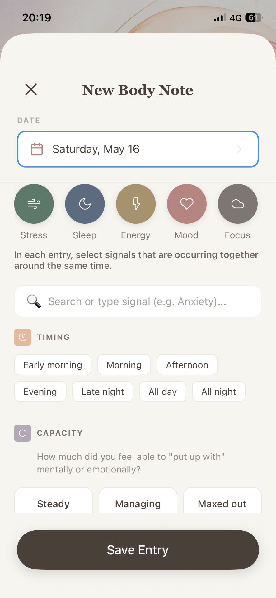 BodyNote daily check-in screen